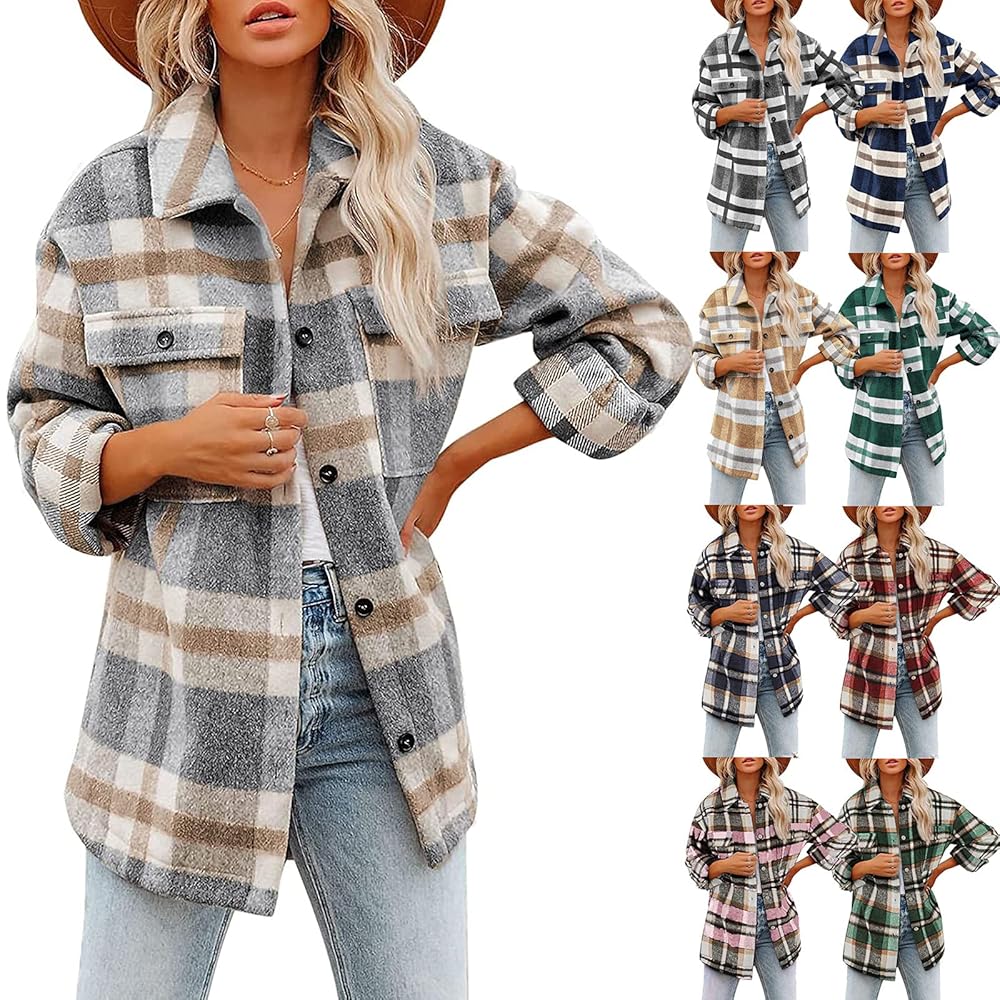 ジャケット・アウター Plaid Shacket Jacket For Women Button Women's Plaid Shacket Jacket Long Sleeve Button Down Flannel